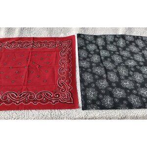 2 Vtg 70s Bandana Red Black Paisley Floral Western Rockabilly Handkerchief USA